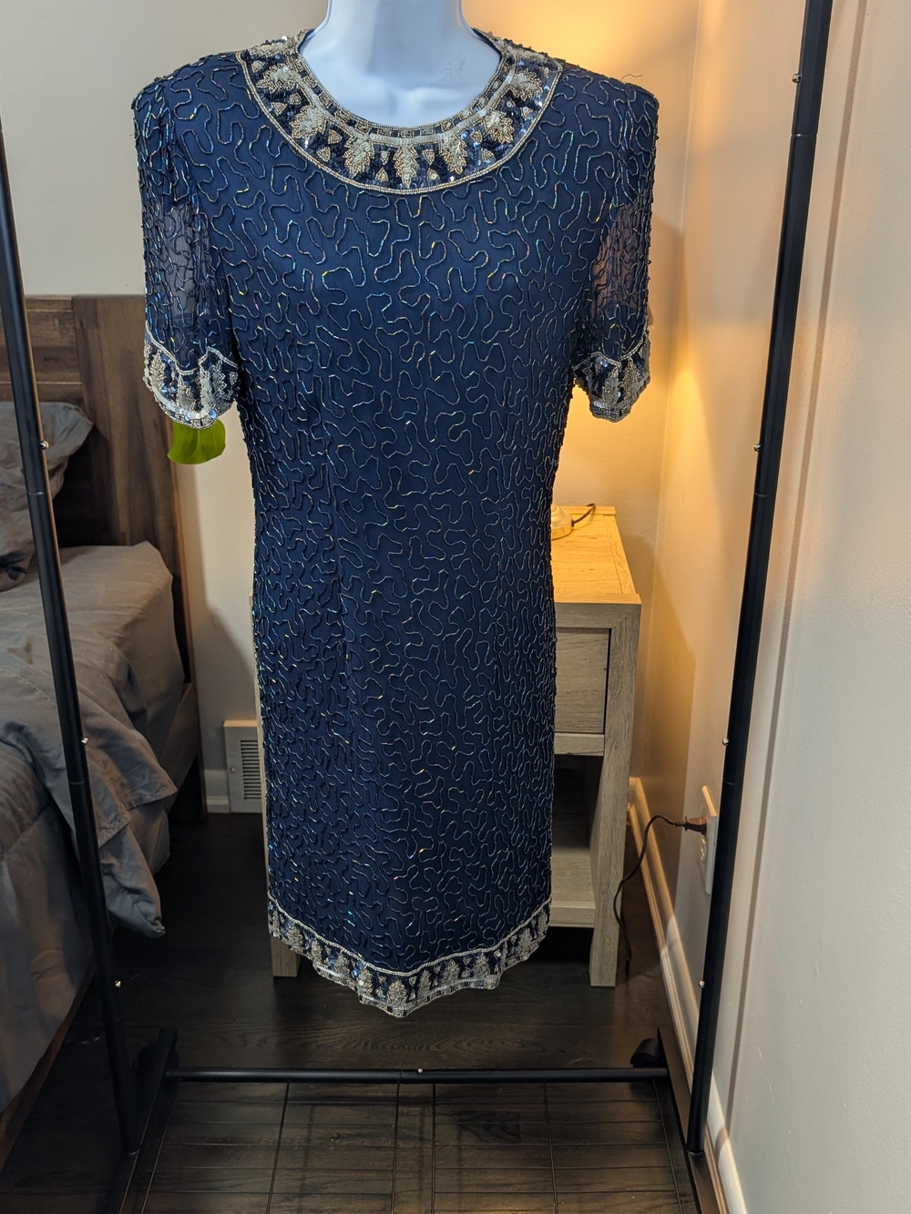 Laurence Kazar Navy Dress with Gold Beaded Trim